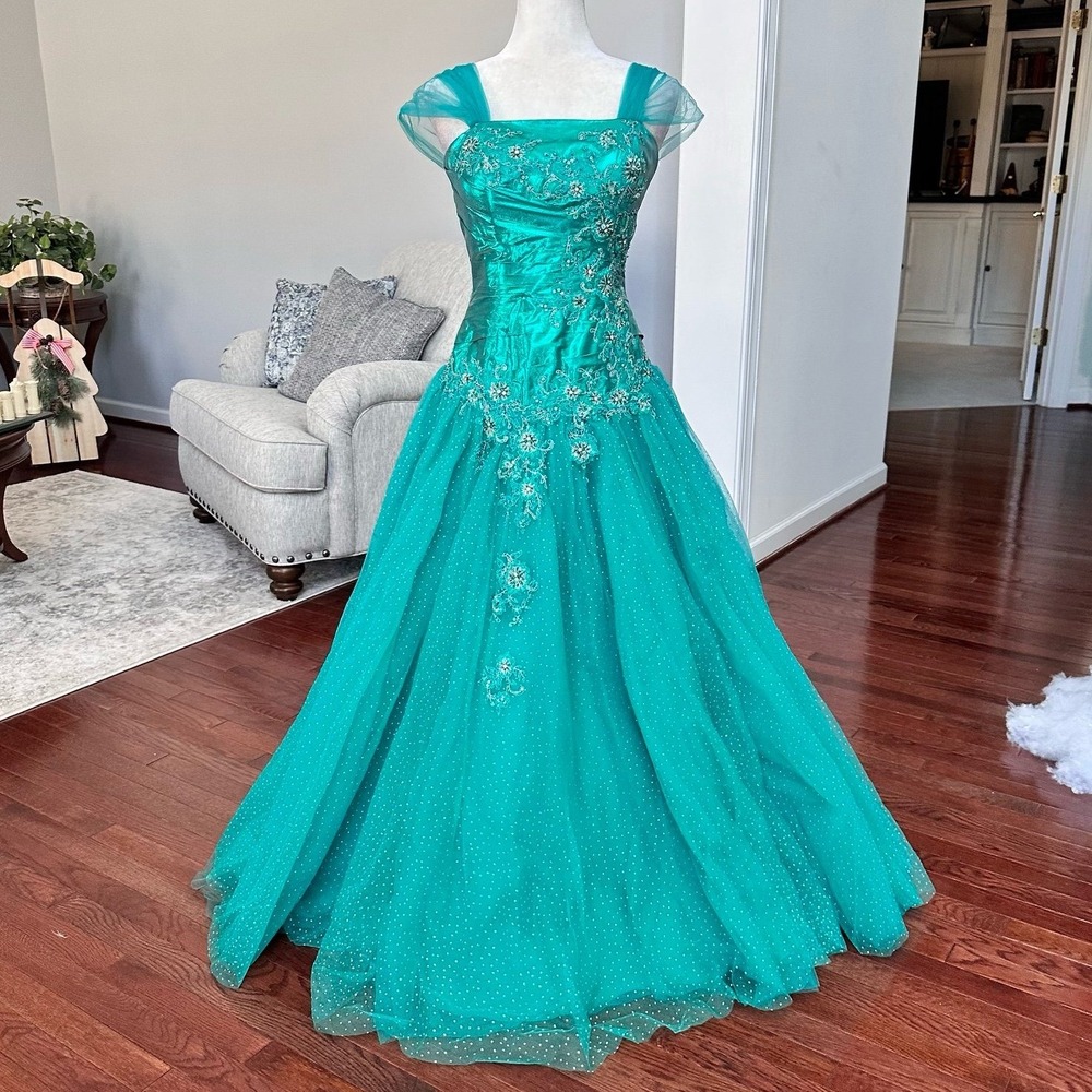 Vintage Luxury Alyce Designs Teal Green Glitter Puffy Tulle‎ Princess Gown Dress